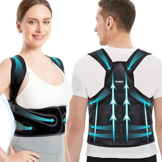 Man and woman wearing posture corrector back braces with directional arrows showing support