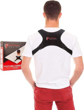 Man wearing a black posture corrector with packaging box in the background, standing in red trousers