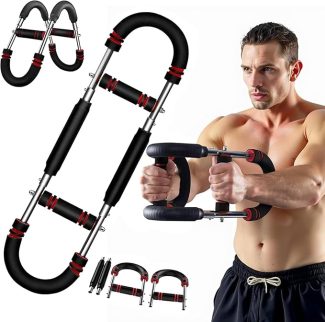 Man demonstrating arm workout with adjustable resistance bands and grip strength trainer