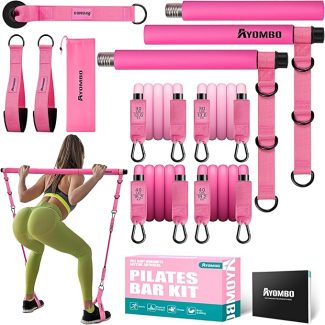 Pink Pilates bar kit with resistance bands and accessories, woman exercising, ideal for full body workouts at home