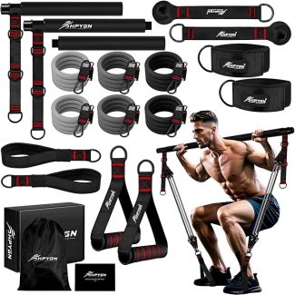 Home gym resistance bands set with attachments for versatile full-body workouts, including exercise guide and storage bag