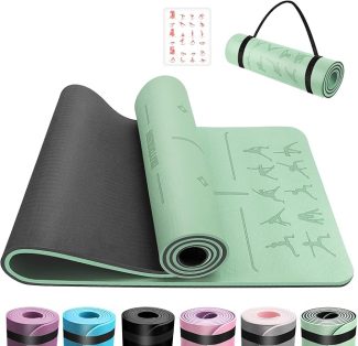 Eco-friendly yoga mat with alignment lines and exercise guide, available in various colours including green and black