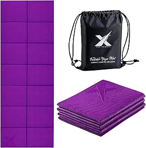 Purple foldable yoga mat set with carry bag for convenient transport and storage