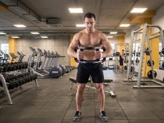 Fit man exercising with weights in modern gym, surrounded by workout equipment and dumbbells