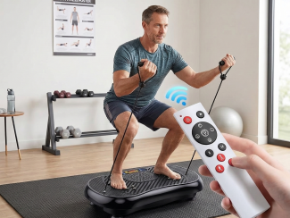 Man using a vibration plate with resistance bands in home gym, hand holding remote control, dumbbells and exercise poster nearby