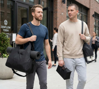 Two men leaving a yoga studio carrying gym bags, one with a yoga mat, on a city street in casual attire