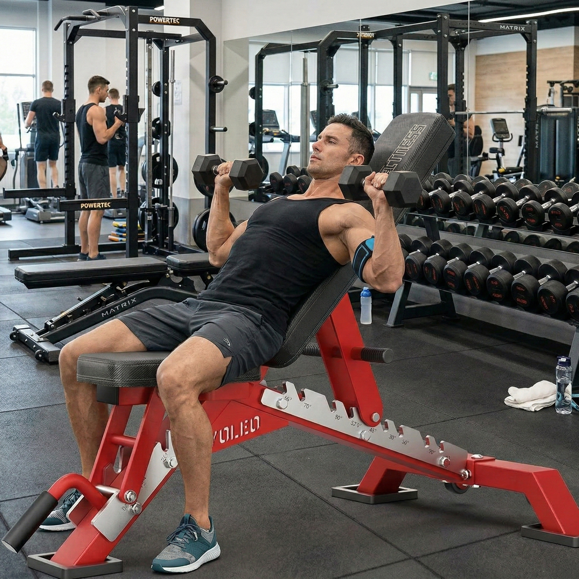 Man performing incline dumbbell press in a gym with mirrors and weights in the background