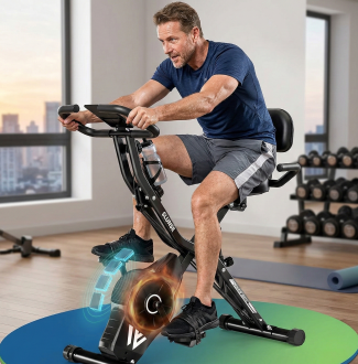 Man exercising on a stationary bike indoors, wearing athletic gear, with weights and yoga mat in the background