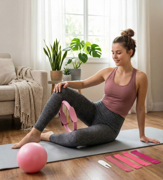 Woman practising yoga at home with exercise bands and pilates ring on a mat in a cosy, well-lit living room