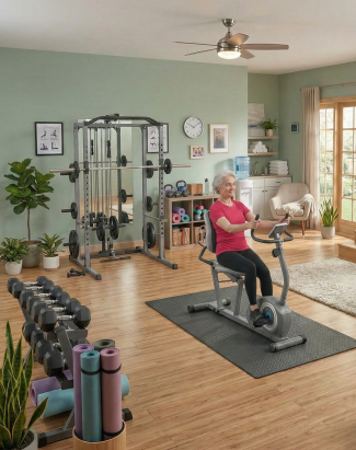 Elderly woman exercising on a stationary bike in a cosy home gym with weights and yoga mats displayed nearby