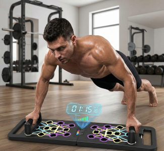 Fit man doing push-ups on a multifunctional push-up board with interactive display in a gym setting