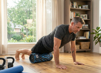 Man exercising with foam roller in home gym, performing muscle recovery workout on wooden floor near window