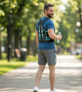 Man walking in park with posture corrector vest and water bottle, wearing blue shirt and grey shorts
