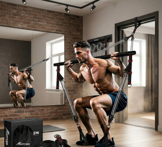 Man performing squats using a home gym resistance band system in a modern room, focused on strength training fitness