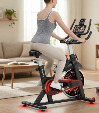Person exercising on a stationary bike in a cosy living room setting, focused on a fitness screen display