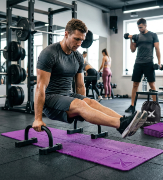 Man performing L-sit exercise on purple yoga mat in gym with others training in background