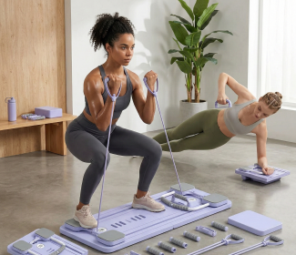 Women doing home workouts with resistance bands and equipment in a modern room setting