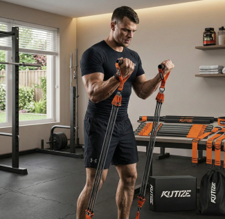 Man exercising with resistance bands in a home gym, focus on arm muscles and workout equipment