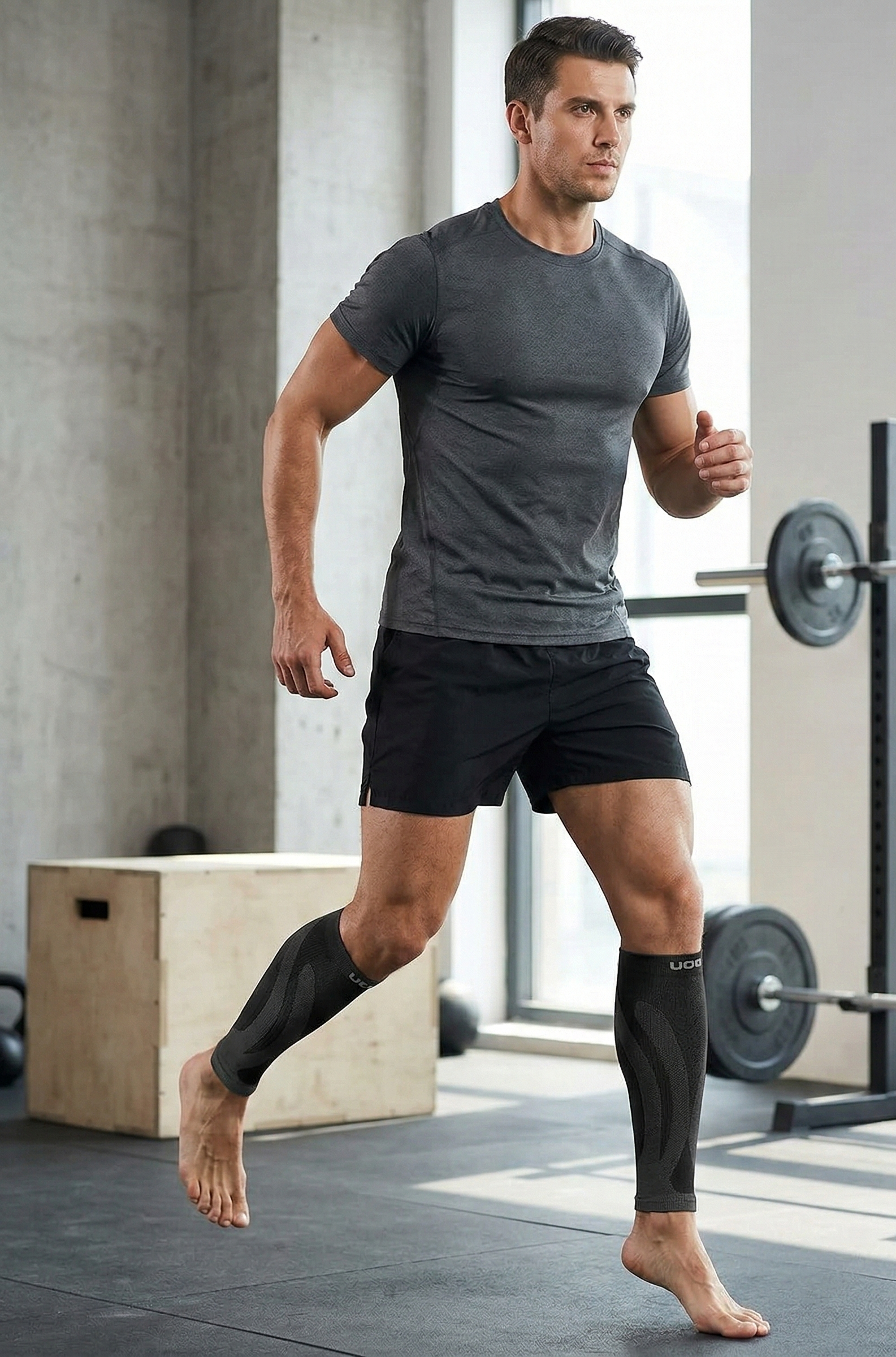 Man exercises in gym wearing athletic gear and knee supports for leg workout fitness training
