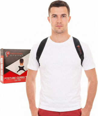 Man wearing a posture corrector for men, standing next to its packaging box