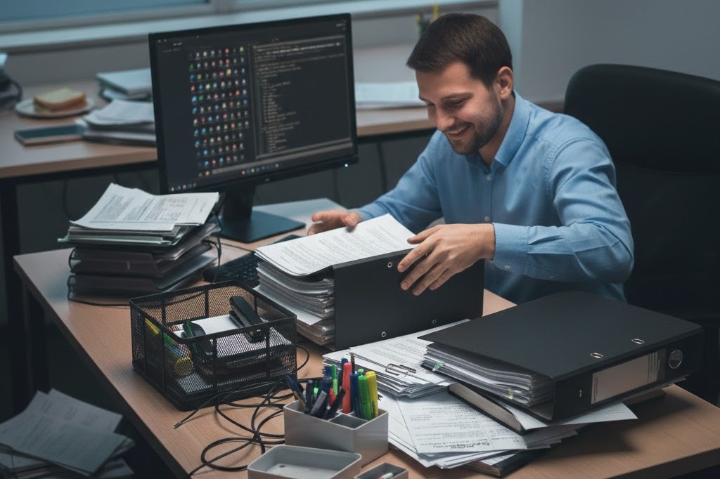 Man smiling at desk, organising paperwork in office setting, with computer and stationery nearby